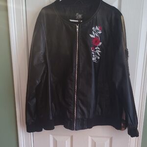 Stylish Black Bomber Jacket with Red Floral Design